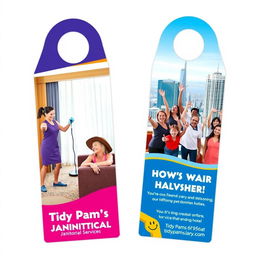 A colorful two-sided door hanger design for Tidy Pam's Janitorial Services, featuring vibrant images of a diverse group of people happily cleaning different areas of hotels