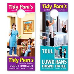 A colorful two-sided door hanger design for Tidy Pam's Janitorial Services, featuring vibrant images of a diverse group of people happily cleaning different areas of hotels