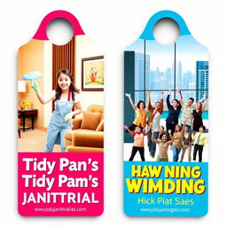 A colorful two-sided door hanger design for Tidy Pam's Janitorial Services, featuring vibrant images of a diverse group of people happily cleaning different areas of hotels