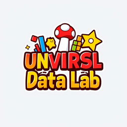 A vibrant logo design for an Instagram account named 'UNVRSL Data Lab', dedicated to analyzing data, metrics, and numbers related to Universal Theme Parks around the world, with a Mario Bros theme