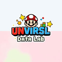 A vibrant logo design for an Instagram account named 'UNVRSL Data Lab', dedicated to analyzing data, metrics, and numbers related to Universal Theme Parks around the world, with a Mario Bros theme