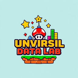 A vibrant logo design for an Instagram account named 'UNVRSL Data Lab', dedicated to analyzing data, metrics, and numbers related to Universal Theme Parks around the world, with a Mario Bros theme