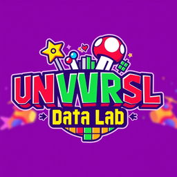 A vibrant logo design for an Instagram account named 'UNVRSL Data Lab', dedicated to analyzing data, metrics, and numbers related to Universal Theme Parks around the world, with a Mario Bros theme