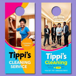 A vibrant two-sided door hanger design for Tippi's Cleaning Services, featuring images of African American professionals actively cleaning various hotel environments