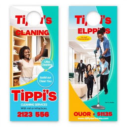 A vibrant two-sided door hanger design for Tippi's Cleaning Services, featuring images of African American professionals actively cleaning various hotel environments