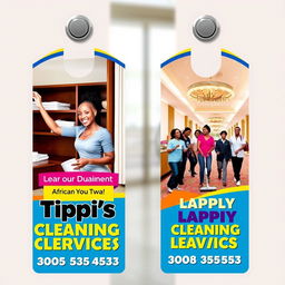 A vibrant two-sided door hanger design for Tippi's Cleaning Services, featuring images of African American professionals actively cleaning various hotel environments