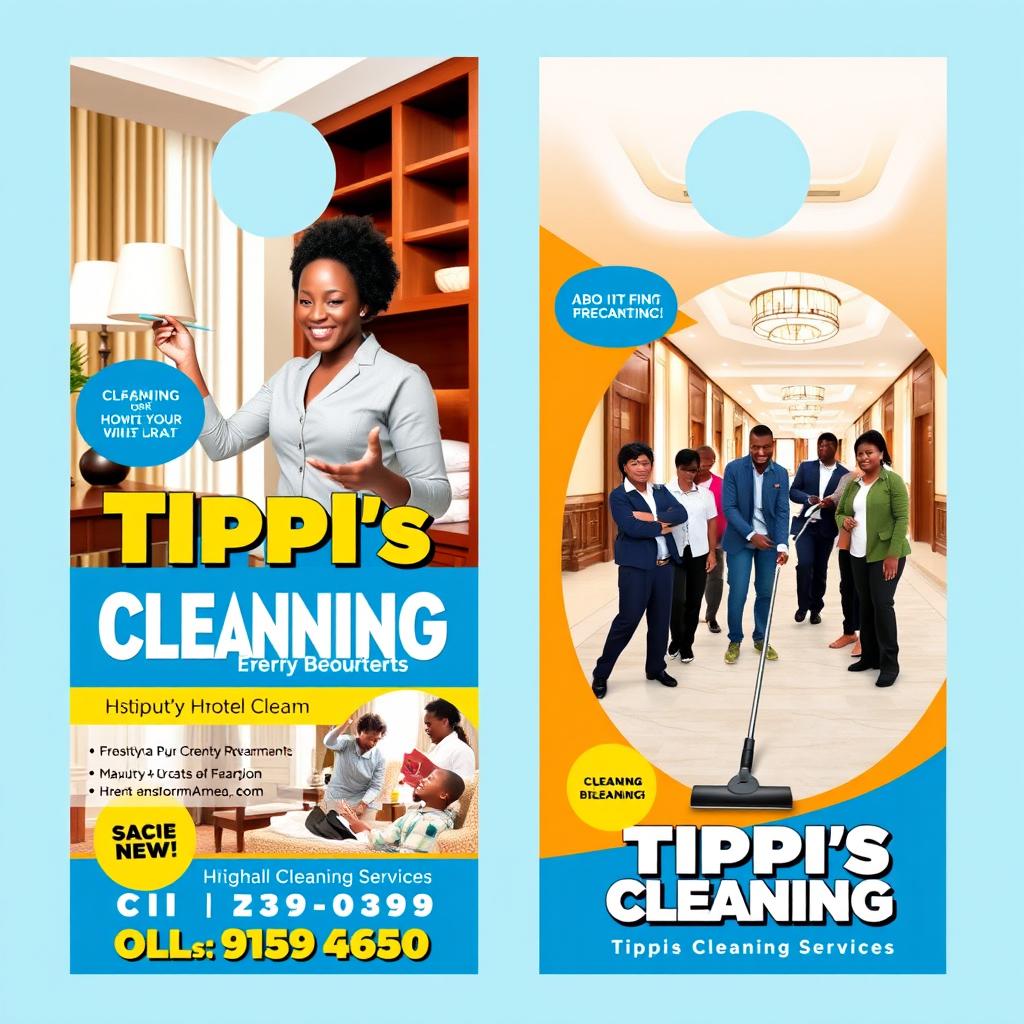 A vibrant two-sided door hanger design for Tippi's Cleaning Services, featuring images of African American professionals actively cleaning various hotel environments