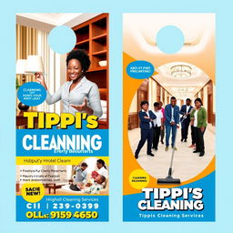 A vibrant two-sided door hanger design for Tippi's Cleaning Services, featuring images of African American professionals actively cleaning various hotel environments