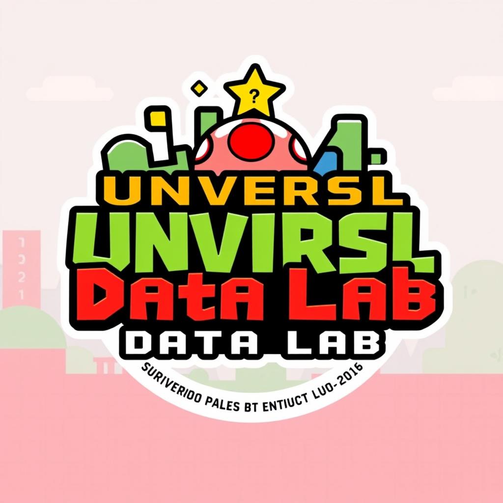 A playful logo design for an Instagram account named 'UNVRSL Data Lab', featuring a Mario Bros theme, focused on analyzing data, metrics, and numbers related to Universal Theme Parks worldwide