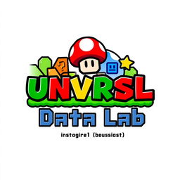 A playful logo design for an Instagram account named 'UNVRSL Data Lab', featuring a Mario Bros theme, focused on analyzing data, metrics, and numbers related to Universal Theme Parks worldwide