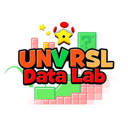 A playful logo design for an Instagram account named 'UNVRSL Data Lab', featuring a Mario Bros theme, focused on analyzing data, metrics, and numbers related to Universal Theme Parks worldwide