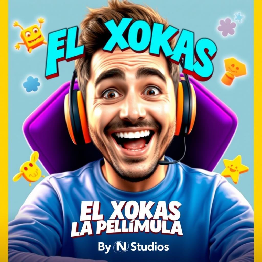 A movie poster featuring a charismatic male streamer with a lively expression, representing the character of El Xokas