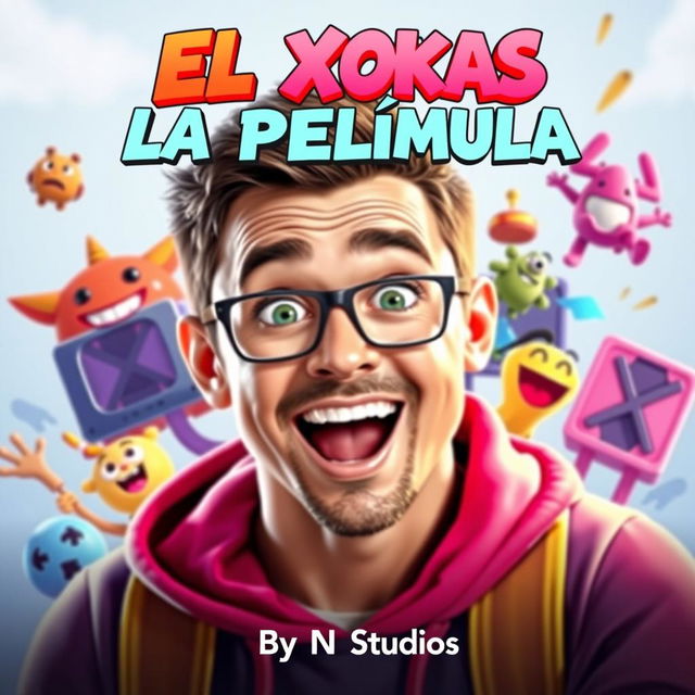 A movie poster featuring a charismatic male streamer with a lively expression, representing the character of El Xokas