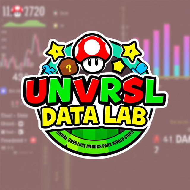 A fun and engaging logo design for an Instagram account named 'UNVRSL Data Lab', dedicated to analyzing data, metrics, and numbers for Universal Theme Parks worldwide, incorporating a Mario Bros theme