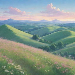 A picturesque landscape in Japanese anime style, depicting gently rolling hills, expansive verdant meadows filled with vibrant wildflowers, under a pastel-colored sky.