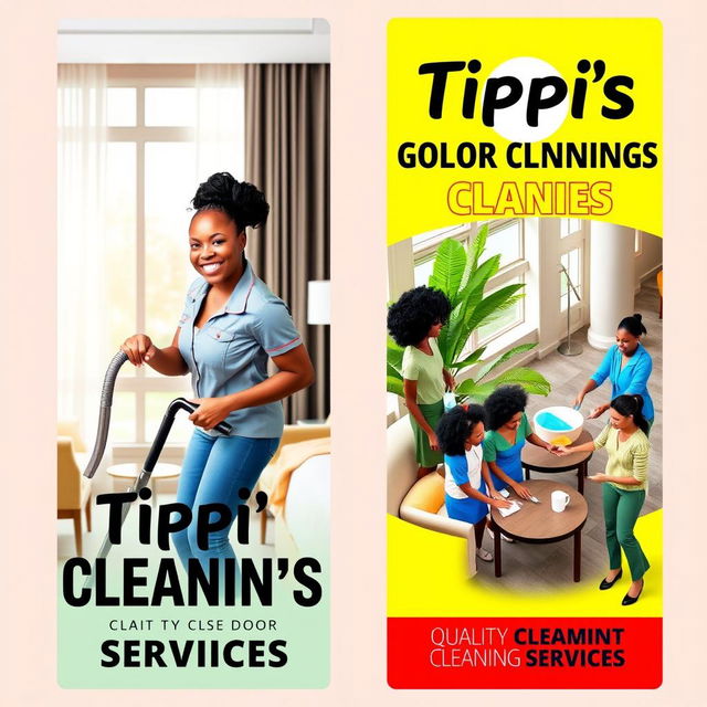 A vibrant two-sided door hanger design for Tippi's Cleaning Services, featuring dynamic images of African American professionals actively cleaning various hotel settings