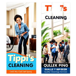 A vibrant two-sided door hanger design for Tippi's Cleaning Services, featuring dynamic images of African American professionals actively cleaning various hotel settings