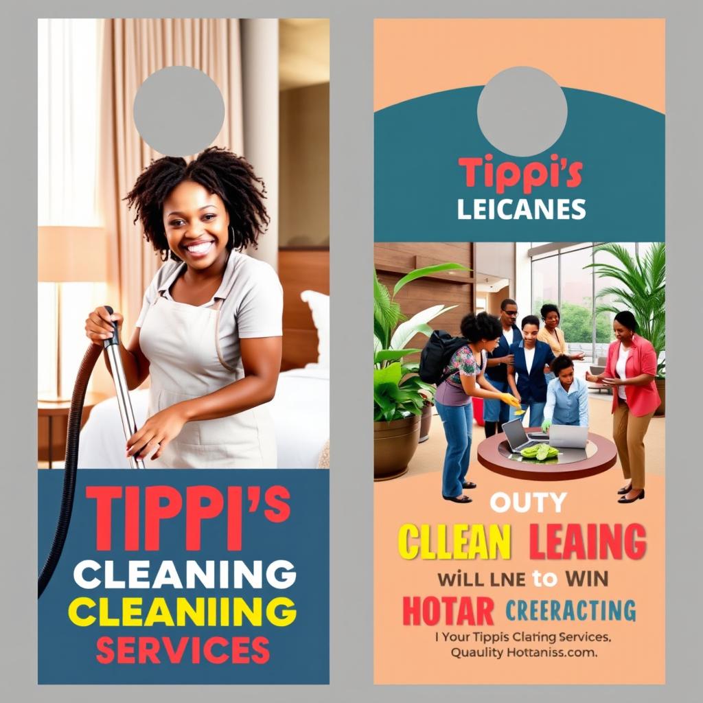 A vibrant two-sided door hanger design for Tippi's Cleaning Services, featuring dynamic images of African American professionals actively cleaning various hotel settings