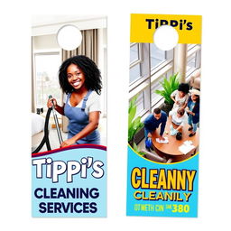 A vibrant two-sided door hanger design for Tippi's Cleaning Services, featuring dynamic images of African American professionals actively cleaning various hotel settings