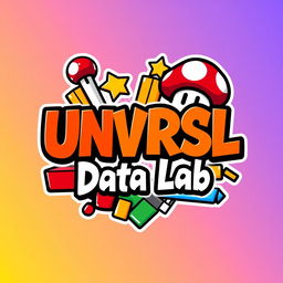 A dynamic logo design for an Instagram account called 'UNVRSL Data Lab', focused on analyzing data, metrics, and numbers for Universal Theme Parks globally, combining a Mario Bros theme