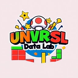 A dynamic logo design for an Instagram account called 'UNVRSL Data Lab', focused on analyzing data, metrics, and numbers for Universal Theme Parks globally, combining a Mario Bros theme