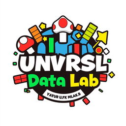 A dynamic logo design for an Instagram account called 'UNVRSL Data Lab', focused on analyzing data, metrics, and numbers for Universal Theme Parks globally, combining a Mario Bros theme