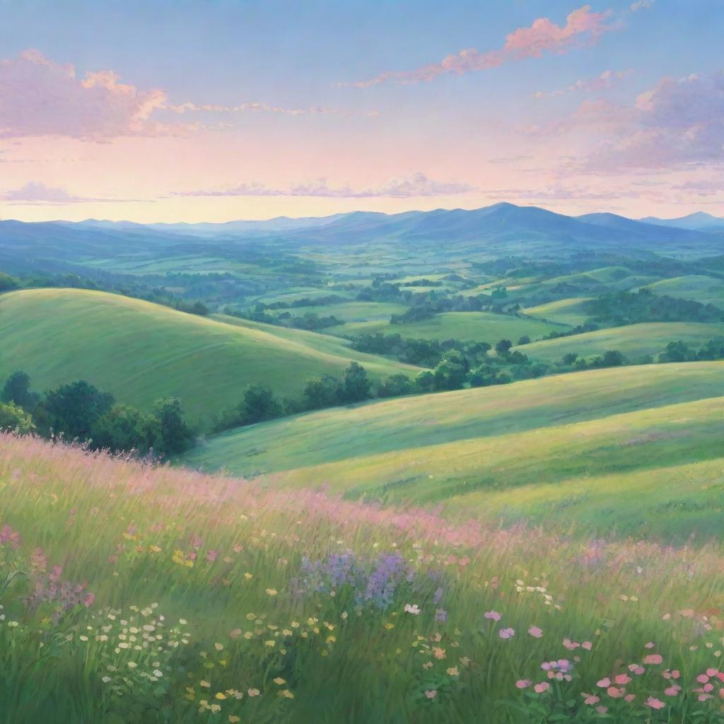 A picturesque landscape in Japanese anime style, depicting gently rolling hills, expansive verdant meadows filled with vibrant wildflowers, under a pastel-colored sky.