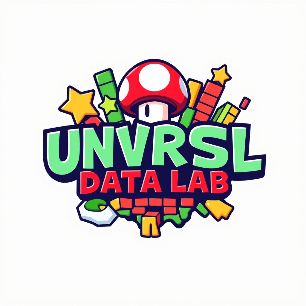 A dynamic logo design for an Instagram account called 'UNVRSL Data Lab', focused on analyzing data, metrics, and numbers for Universal Theme Parks globally, combining a Mario Bros theme