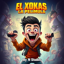 A movie poster featuring a cartoonish yet dramatic depiction of a charismatic character resembling a popular streamer, inspired by facial features and energetic expression