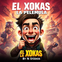 A movie poster featuring a cartoonish yet dramatic depiction of a charismatic character resembling a popular streamer, inspired by facial features and energetic expression