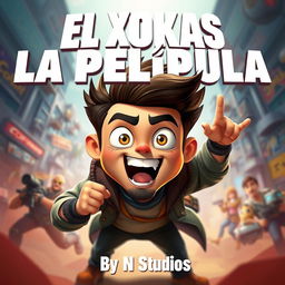 A movie poster featuring a cartoonish yet dramatic depiction of a charismatic character resembling a popular streamer, inspired by facial features and energetic expression