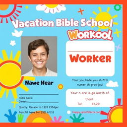 A vibrant and colorful Worker Identification Card design for Vacation Bible School