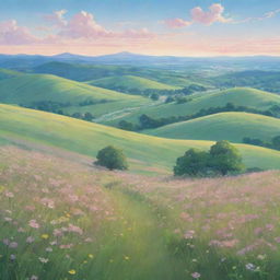 A picturesque landscape in Japanese anime style, depicting gently rolling hills, expansive verdant meadows filled with vibrant wildflowers, under a pastel-colored sky.