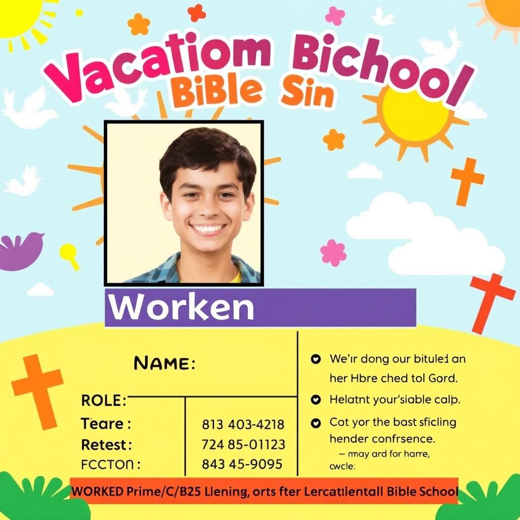 A vibrant and colorful Worker Identification Card design for Vacation Bible School