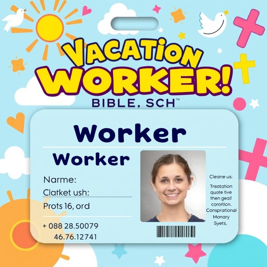 A vibrant and colorful Worker Identification Card design for Vacation Bible School