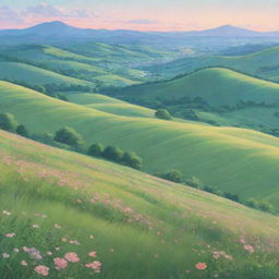 A picturesque landscape in Japanese anime style, depicting gently rolling hills, expansive verdant meadows filled with vibrant wildflowers, under a pastel-colored sky.