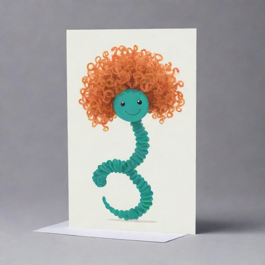 Design a cute, curly hair-like 'Corkscrew Confluence' card, an 'upcell' type. Illustrate a cheerful cell dancing gracefully, reflecting the fascinating movements of spirochaetes bacteria. The card should bring to life the harmonious play of two movements.