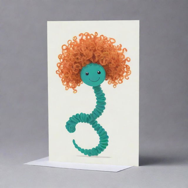 Design a cute, curly hair-like 'Corkscrew Confluence' card, an 'upcell' type. Illustrate a cheerful cell dancing gracefully, reflecting the fascinating movements of spirochaetes bacteria. The card should bring to life the harmonious play of two movements.