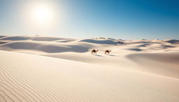 A breathtaking desert scene in Namibia featuring stark white sand dunes that create a striking contrast against the blue sky