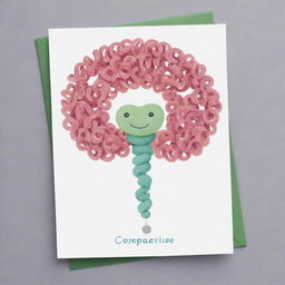 Design a cute, curly hair-like 'Corkscrew Confluence' card, an 'upcell' type. Illustrate a cheerful cell dancing gracefully, reflecting the fascinating movements of spirochaetes bacteria. The card should bring to life the harmonious play of two movements.