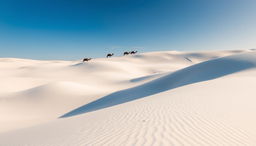 A breathtaking desert scene in Namibia featuring stark white sand dunes that create a striking contrast against the blue sky