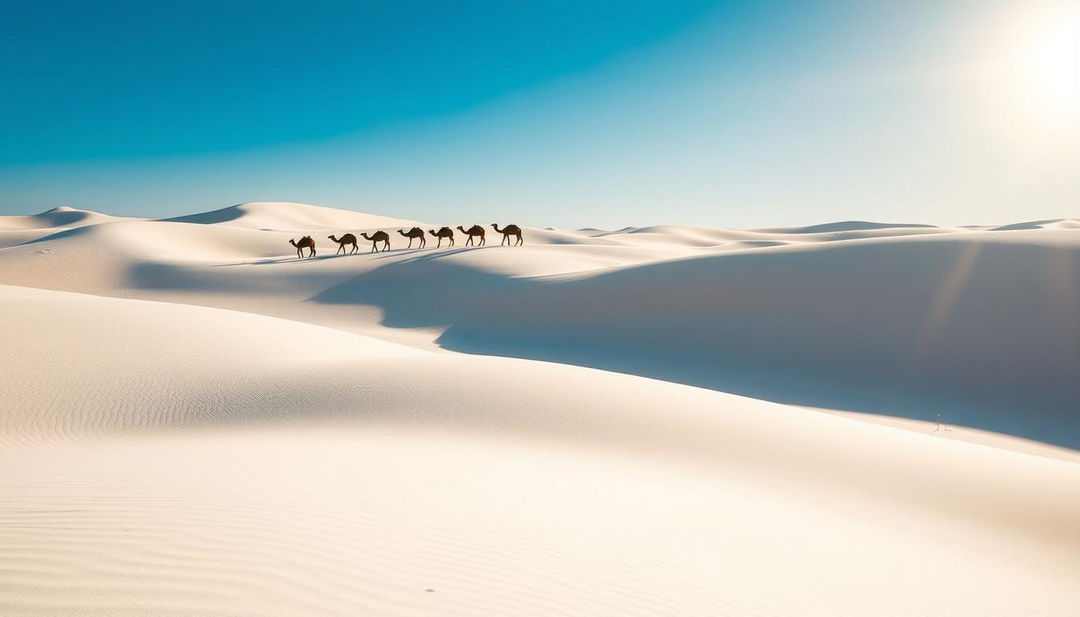 A breathtaking desert scene in Namibia featuring stark white sand dunes that create a striking contrast against the blue sky