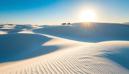 A breathtaking desert scene in Namibia featuring stark white sand dunes that create a striking contrast against the blue sky