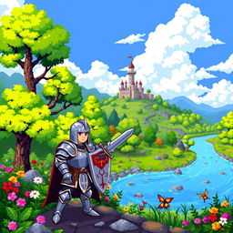 A vibrant pixel art scene of a fantasy video game world, featuring a lush forest with bright green trees, colorful flowers, and a winding river