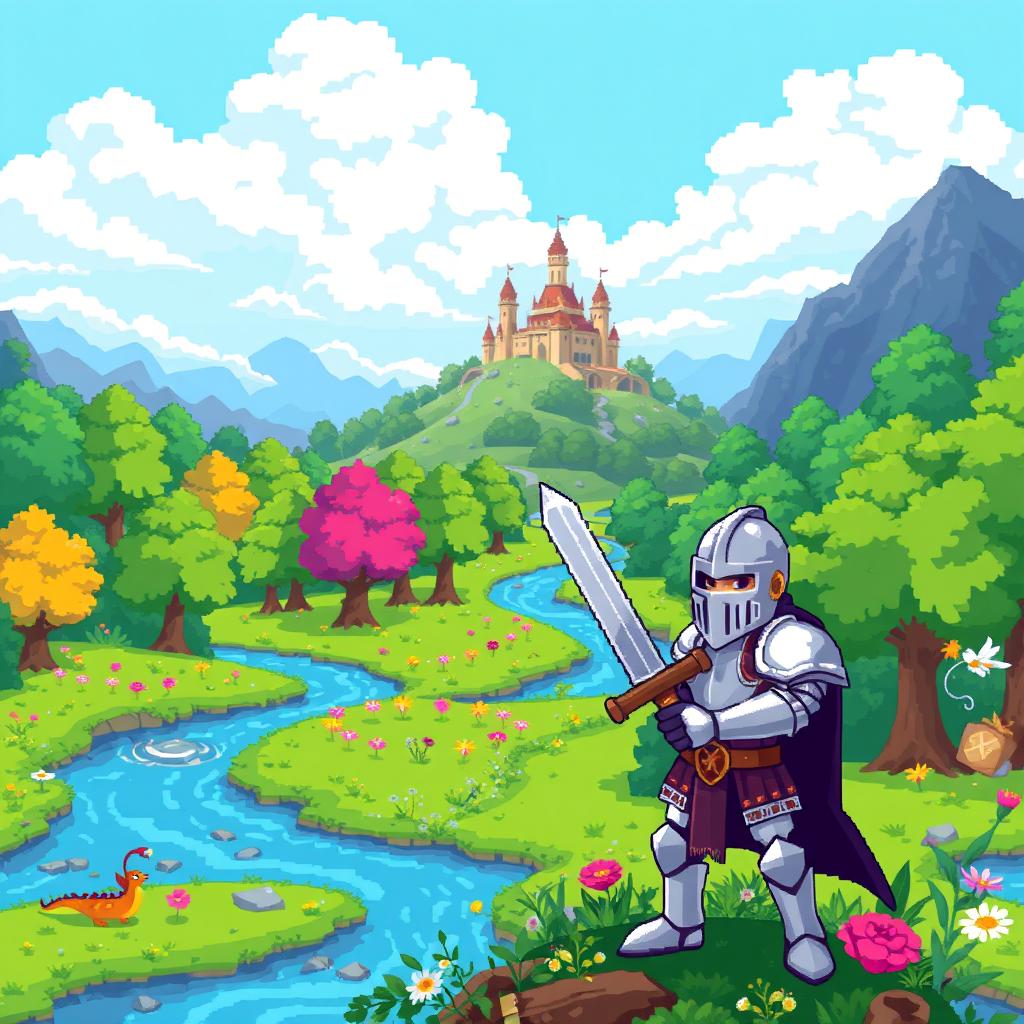 A vibrant pixel art scene of a fantasy video game world, featuring a lush forest with bright green trees, colorful flowers, and a winding river