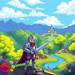 A vibrant pixel art scene of a fantasy video game world, featuring a lush forest with bright green trees, colorful flowers, and a winding river