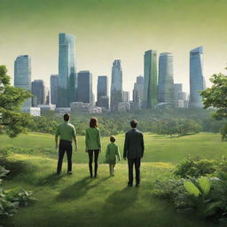 A high-definition, bright environmental poster featuring an enlarged, intensely green natural scene. Modern-styled individuals, viewed from the back, play the roles of guardians, protecting the environment. In the distance, subtly incorporate modern buildings, highlighting the juxtaposition of nature and urbanization.