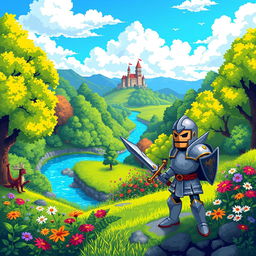 A vibrant pixel art scene of a fantasy video game world, featuring a lush forest with bright green trees, colorful flowers, and a winding river