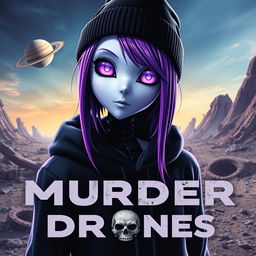 A movie poster featuring a purple-haired android wearing a black hoodie and a black beanie, with striking purple eyes