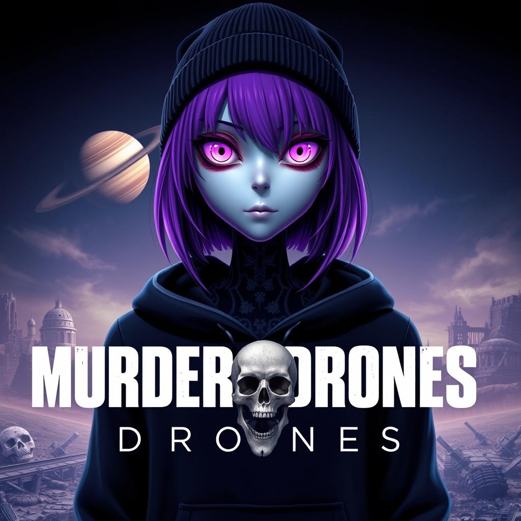 A movie poster featuring a purple-haired android wearing a black hoodie and a black beanie, with striking purple eyes